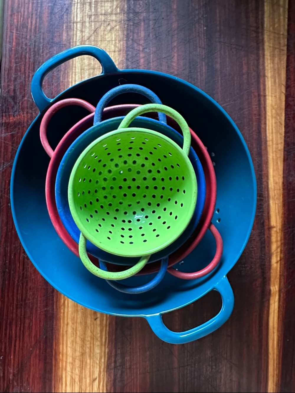 Small bundle retro vintage colorful metal kitchen strainers with handles 2.5- 5”
